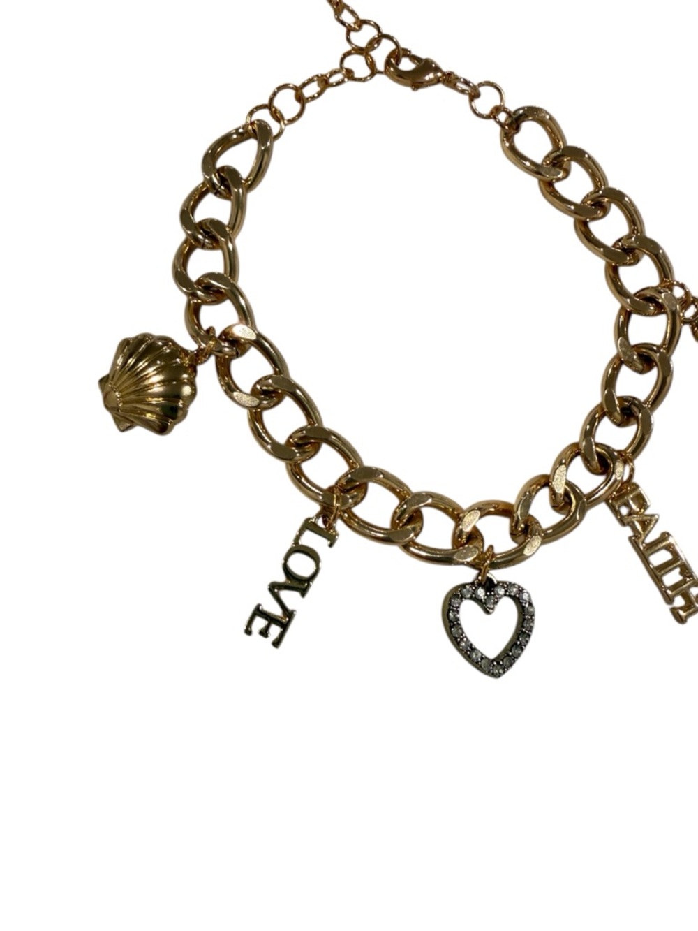 Handmade Gold Tone Charm Bracelet with Seashells and Love/Faith Charms - Picture 3 of 5